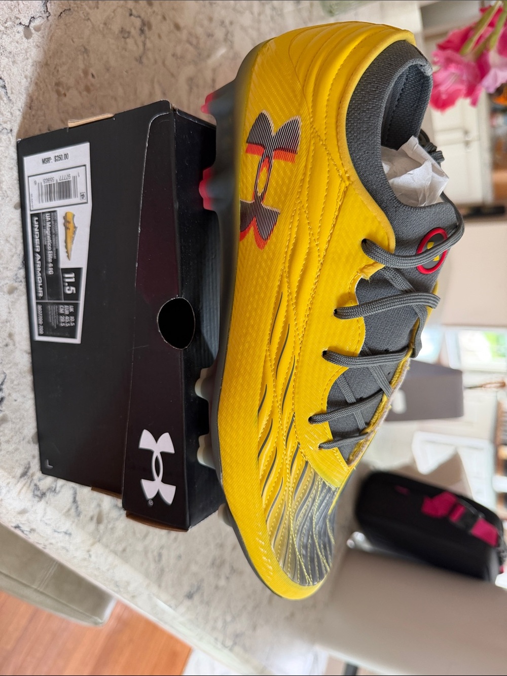Under Armour Magnetico Elite 4FG Yellow and Gray Soccer Cleats with Red Accents